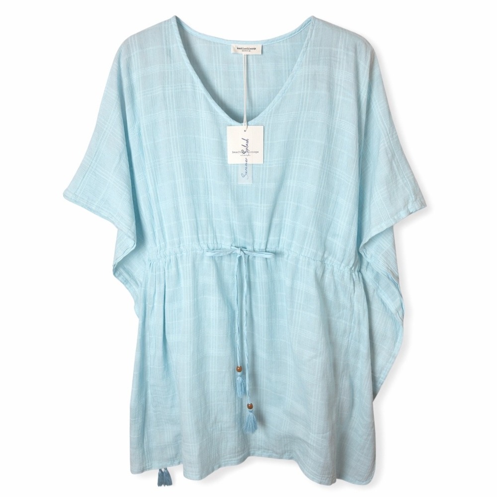 Beachlunchlounge Womens Blue Cotton Gauze Kaftan Cover Up Tassel Waist Med NWT